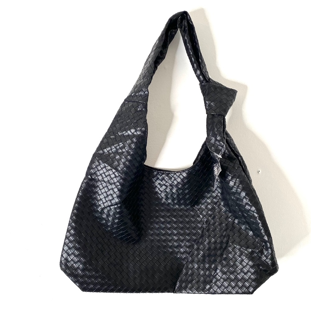 Ulta Beauty Black Vegan Leather Woven Tote Shoulder Bag NWT Knotted Strap